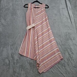 209wst38 Sleeveless Dress Sz 4 Linen Blend Striped Asymmetric Hem Size Zip